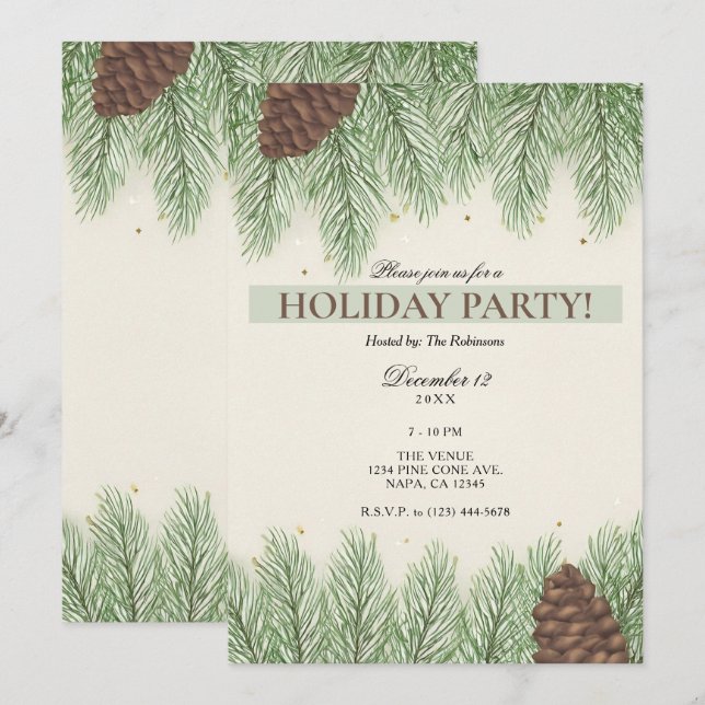 Rustic Pine Cones & Fir Christmas Holiday Party Invitation (Front/Back)