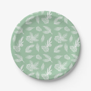 Rustic Pine Cones Pattern White & Mint Serving Paper Plate