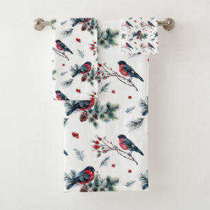 Rustic Pine Cones Pine Branches Berries Birds Bath Towel Set