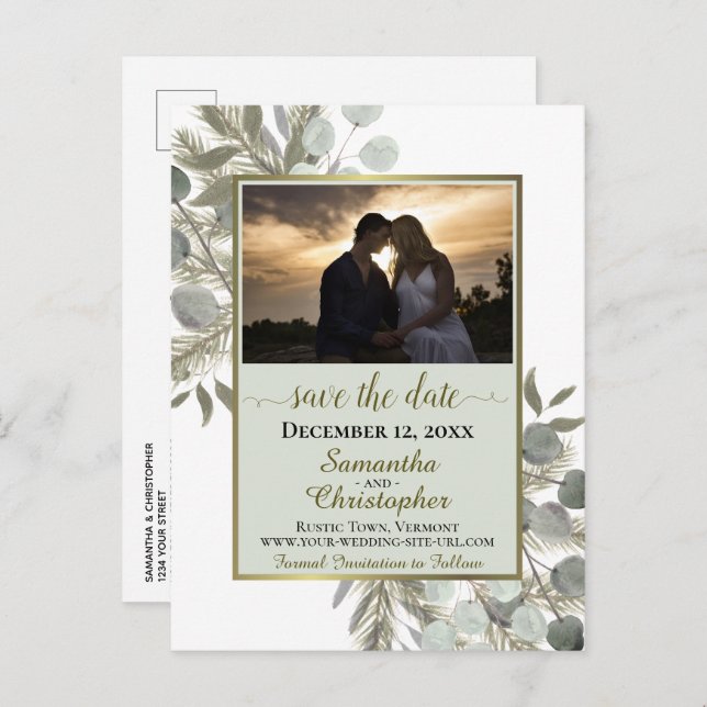 Rustic Pine & Eucalyptus Sage Save the Date Photo Announcement Postcard (Front/Back)