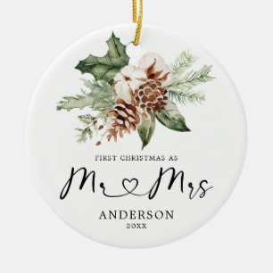 Rustic Pine First Christmas Mr & Mrs Gift Ceramic Ornament