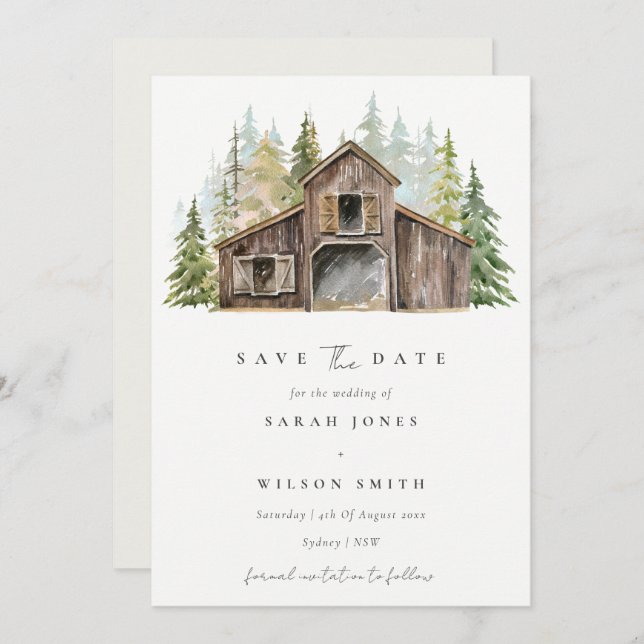 Rustic Pine Forest Barnyard Save The Date Card (Front/Back)