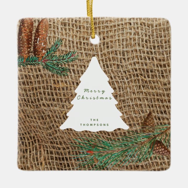 Rustic Pine Forest Christmas Tree Ceramic Ornament (Front)
