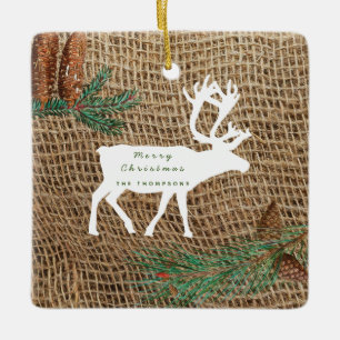 Rustic Pine Forest Reindeer Ceramic Ornament