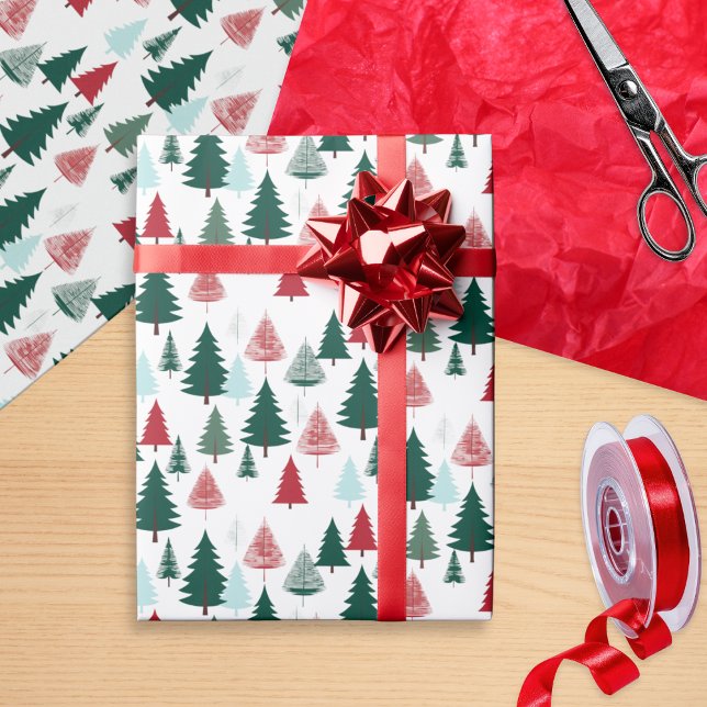 Rustic Pine Forest Scandi Christmas Trees Pattern Wrapping Paper (Christmas gift wrapping paper, patterned with red, green and mint pine trees on a white background)