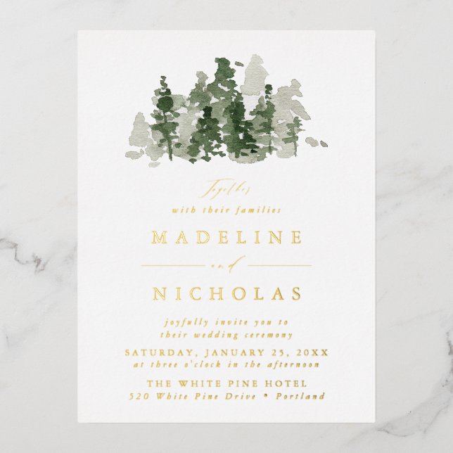 Rustic Pine Forest Wedding Foil Invitation Postcard (Front)