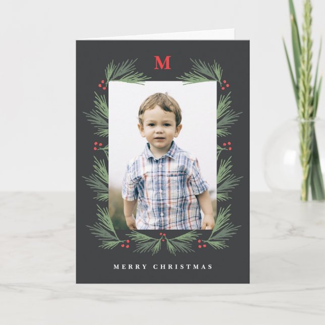 Rustic pine frame monogram photo holiday card (Front)