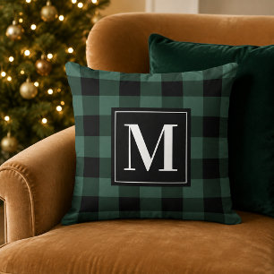 Rustic Pine Green Black Buffalo Plaid Monogram Throw Pillow