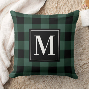Rustic Pine Green Black Buffalo Plaid Monogram Throw Pillow