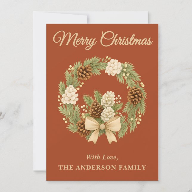 Rustic Pine Greenery Holiday Wreath Christmas Card (Front)