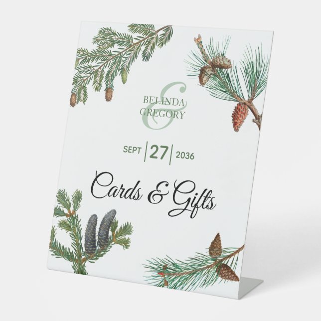 Rustic Pine Greenery Wedding Cards & Gifts Pedestal Sign (Front)