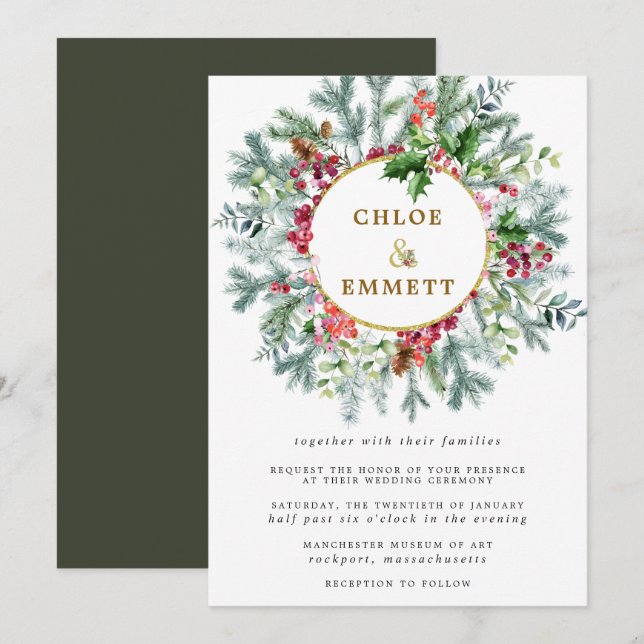 Rustic Pine, Holly and Berry Wreath Wedding Invitation (Front/Back)