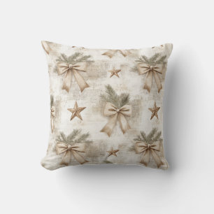 Rustic pine needles, bows and stars throw pillow