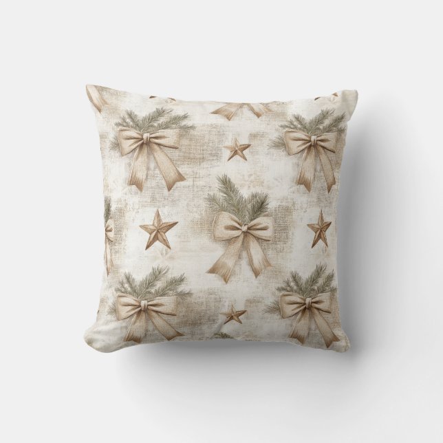 Rustic pine needles, bows and stars  throw pillow (Front)