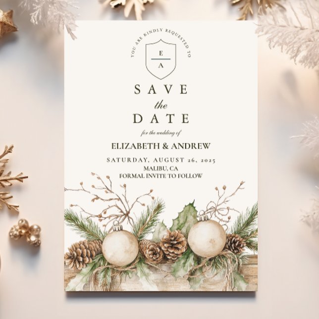 Rustic Pine Ornament Winter Wedding Save The Date (Creator Uploaded)