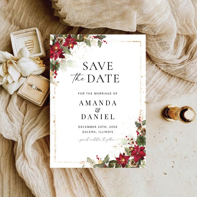 Rustic Pine Poinsettia Floral Christmas Save The Date (Creator Uploaded)