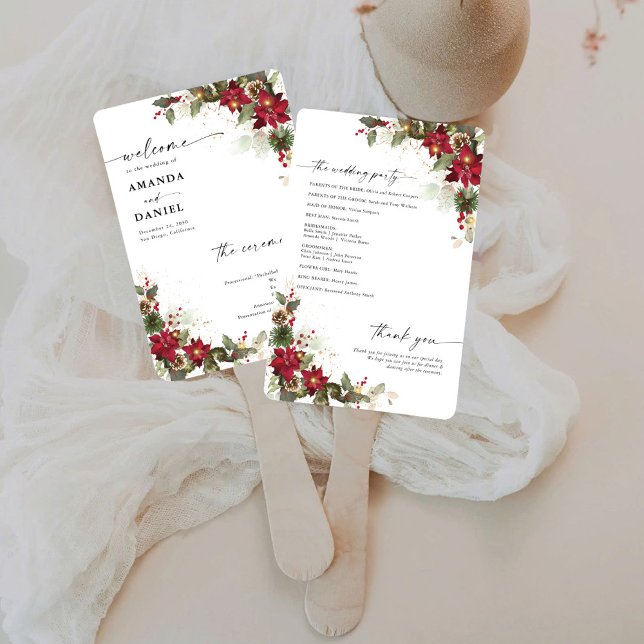Rustic Pine Poinsettia Floral Wedding Program Hand Fan (Creator Uploaded)