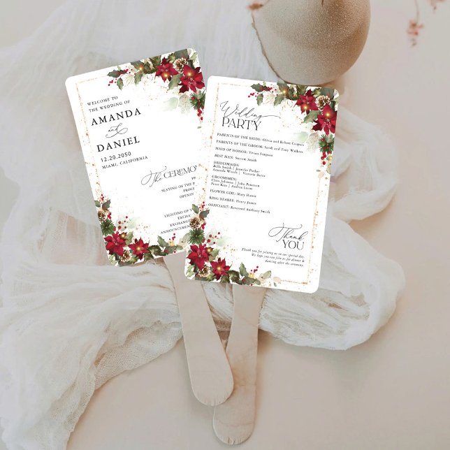 Rustic Pine Poinsettia Floral Wedding Program Hand Fan (Creator Uploaded)