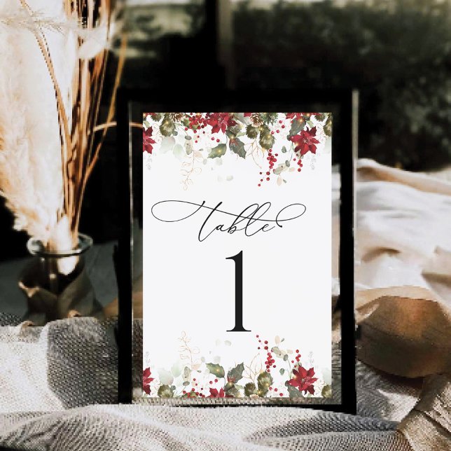Rustic Pine Poinsettia Wedding Table Number Card (Creator Uploaded)