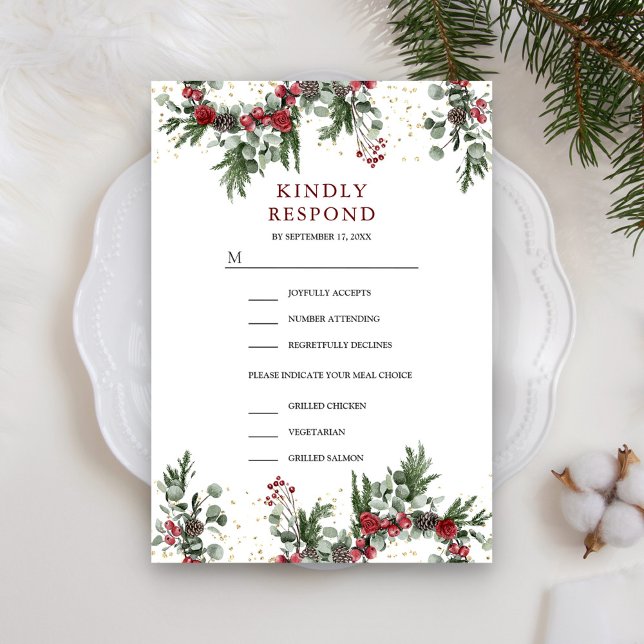 Rustic Pine Red Floral Christmas Wedding RSVP Card (Creator Uploaded)