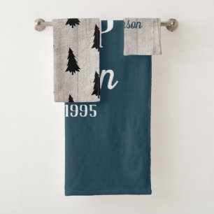 Rustic Pine Tree Blue And Wood Bath Towel Set