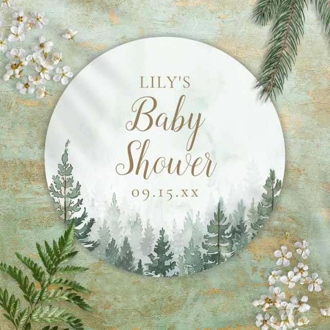 Rustic Pine Tree Forest Baby Shower Classic Round Sticker (Rustic Pine Tree Forest Baby Shower Classic Round Sticker)