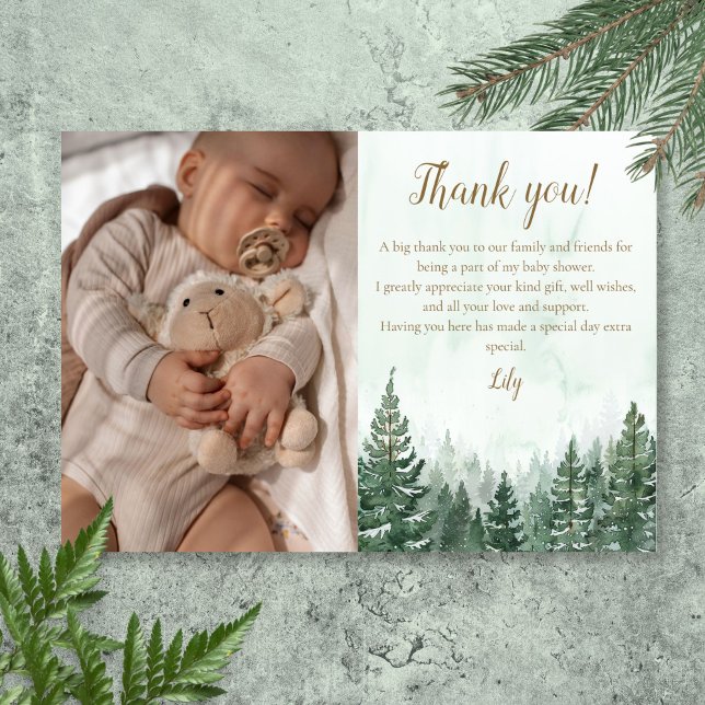 Rustic Pine Tree Forest Baby Shower Photo Thank You Card (Rustic Pine Tree Forest Baby Shower Photo Thank You Card)
