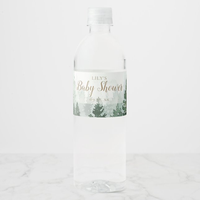 Rustic Pine Tree Forest Baby Shower Water Bottle Label (Front)