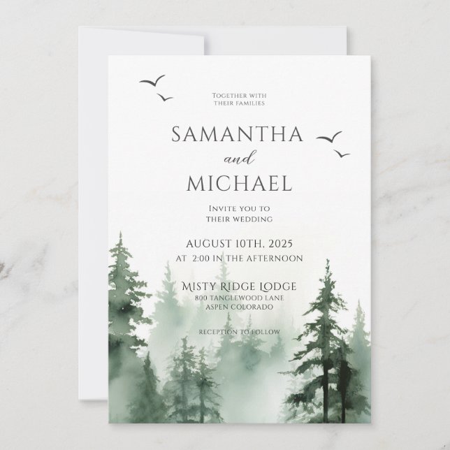 Rustic Pine Tree Forest Watercolor Wedding  Invitation (Front)