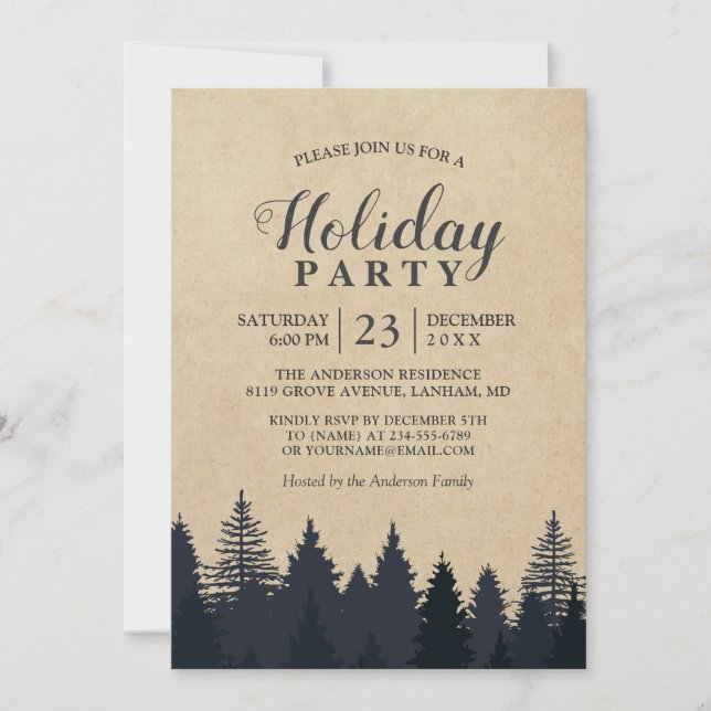 Rustic Pine Tree Kraft Christmas Holiday Party Invitation (Front)