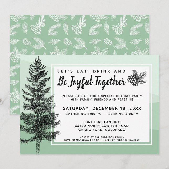 Rustic Pine Tree Mint Holiday Dinner / Party Invitation (Front/Back)