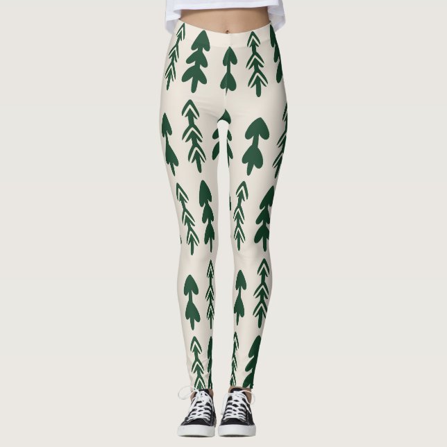 Rustic Pine Tree Pattern Cream & Green Leggings (Front)