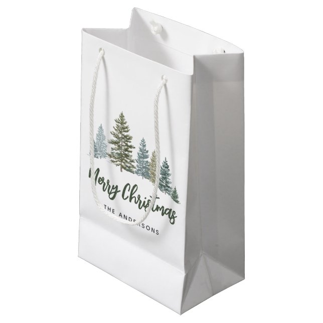 Rustic Pine Tree Personalized Christmas  Small Gift Bag (Front Angled)