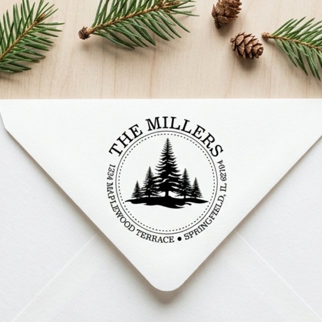 Rustic Pine Tree Return Address Custom Family Rubber Stamp (Creator Uploaded)