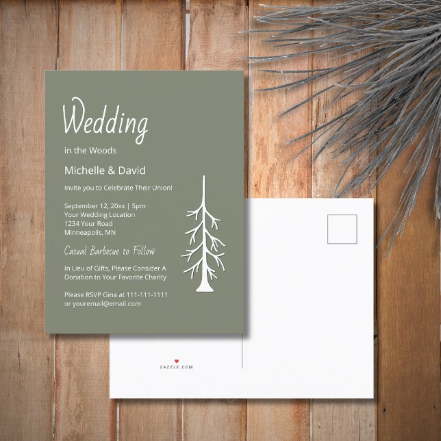 Rustic Pine Tree Sage Green Casual Wedding Invitation Postcard (Creator Uploaded)