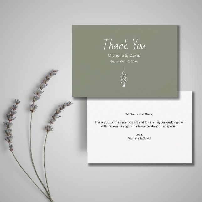 Rustic Pine Tree Sage Green Modern Casual Wedding Thank You Card (Creator Uploaded)