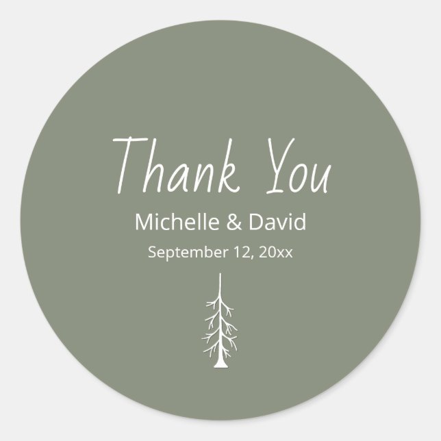 Rustic Pine Tree Sage Green Wedding Thank You Classic Round Sticker (Front)