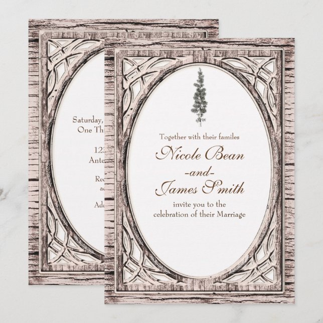 Rustic Pine Tree & White Wood Winter Wedding Invitation (Front/Back)