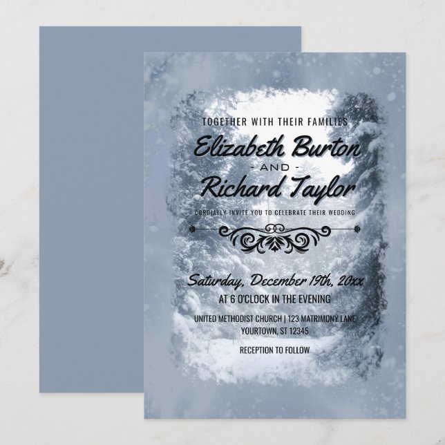 Rustic Pine Trees Blue Winter Wonderland Wedding Invitation (Front/Back)
