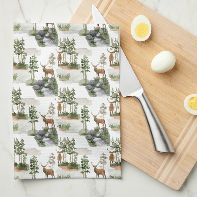 Rustic Pine Trees Deer Kitchen Towel (Quarter Fold)