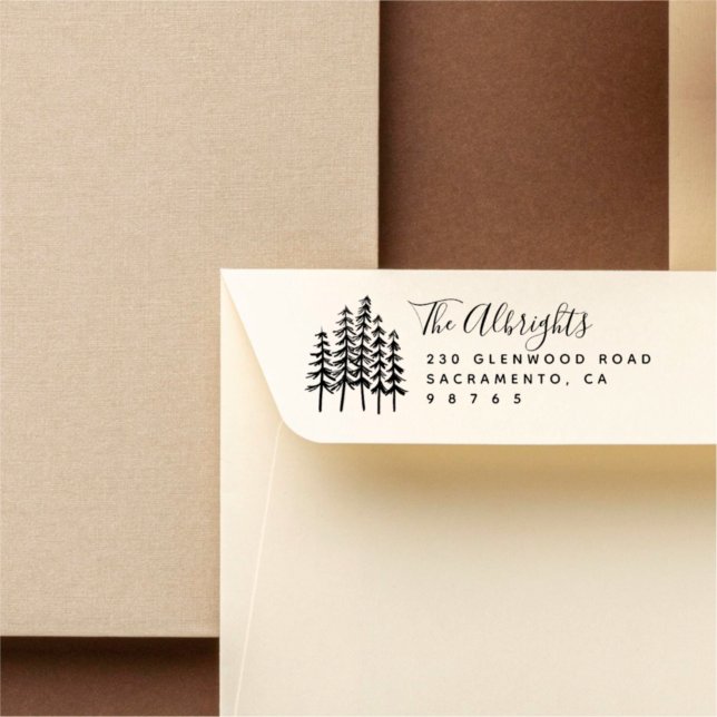 Rustic Pine Trees & Family Signature Address Rubber Stamp (Creator Uploaded)