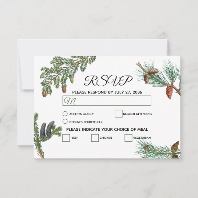 Rustic Pine Trees Forest Greenery Wedding RSVP Card (Front)