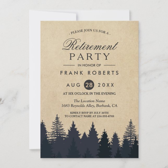 Rustic Pine Trees Forest Kraft Retirement Party Invitation (Front)