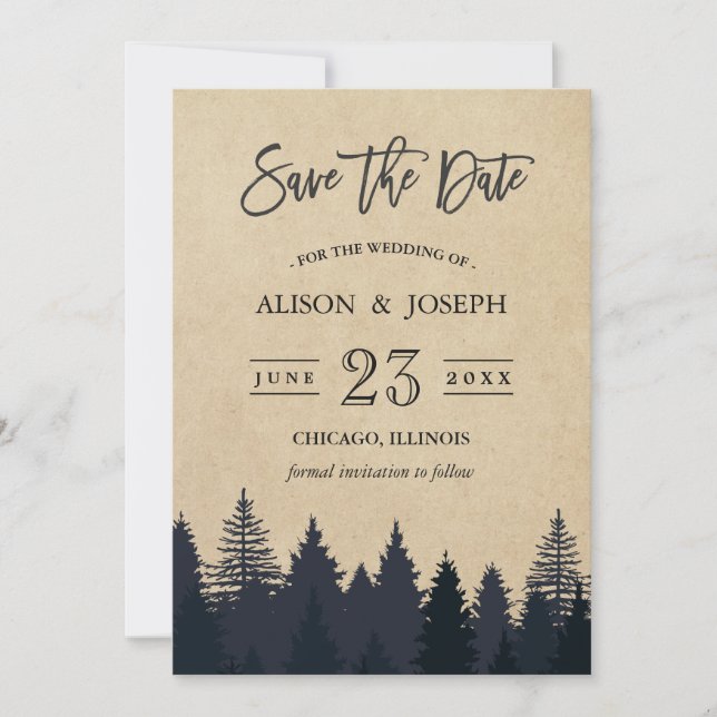 Rustic Pine Trees Kraft Wedding Save the Date (Front)