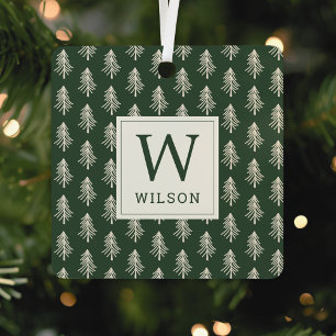 Rustic Pine Trees Monogram Christmas Photo Metal Ornament