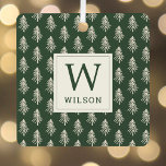 Rustic Pine Trees Monogram Christmas Photo Metal Ornament<br><div class="desc">Custom-designed Christmas photo ornaments featuring rustic hand drawn style forest green and beige pine trees design with personalized family name and photo.</div>