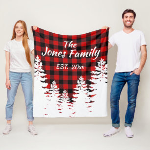 Rustic pine trees red black buffalo plaid fleece blanket