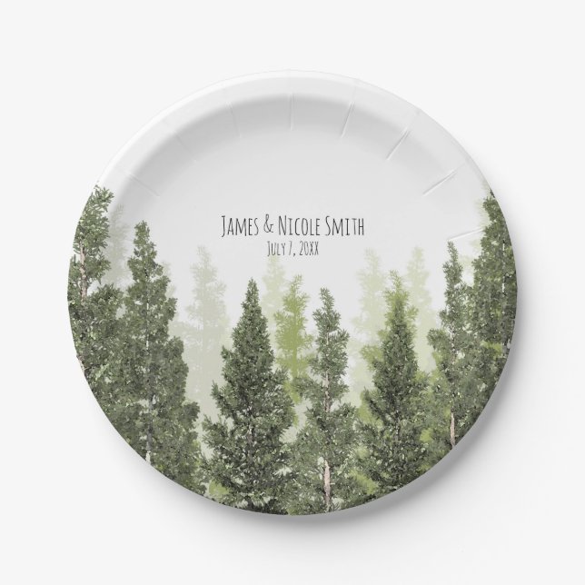 Rustic Pine Trees Simple Country Wedding Paper Plate (Front)
