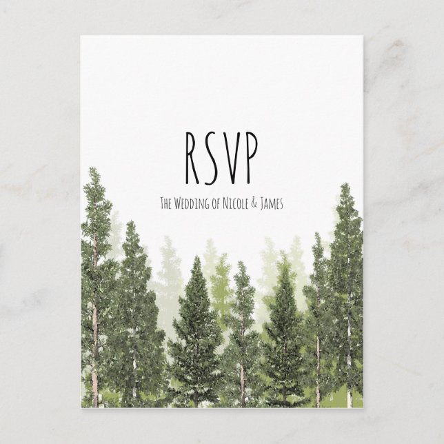 Rustic Pine Trees Simple Country Wedding RSVP Invitation Postcard (Front)