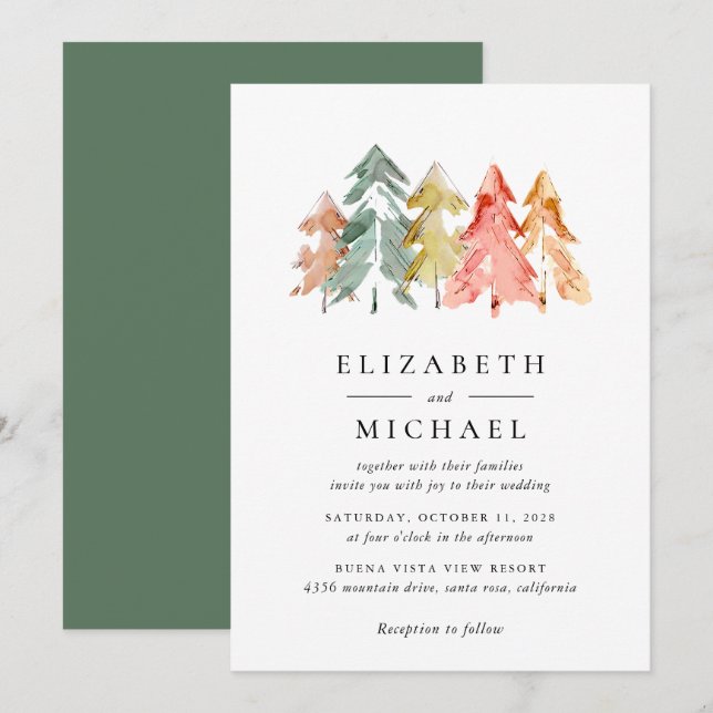 Rustic Pine Trees Watercolor Invitation (Front/Back)